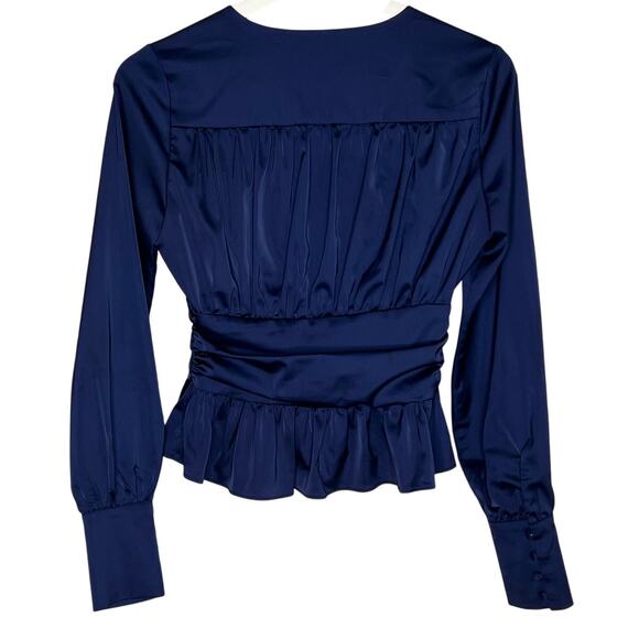 Jason Wu Long Sleeve Deep V-Neck Satin Peplum Button Blouse Navy Blue Womens XS - Picture 9 of 9